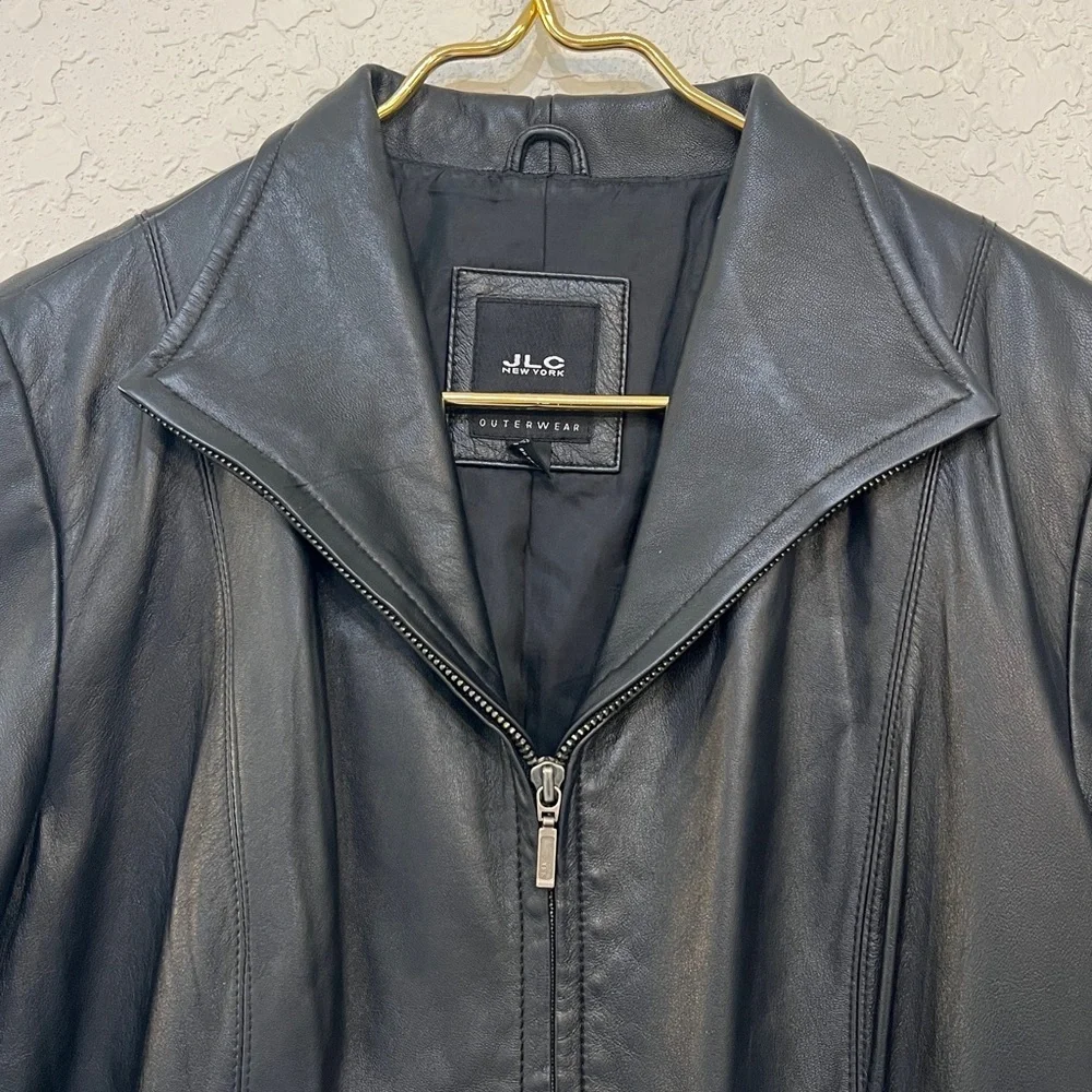 JLC New York Black Leather Zip Front Jacket Collared Fully Lined Size M